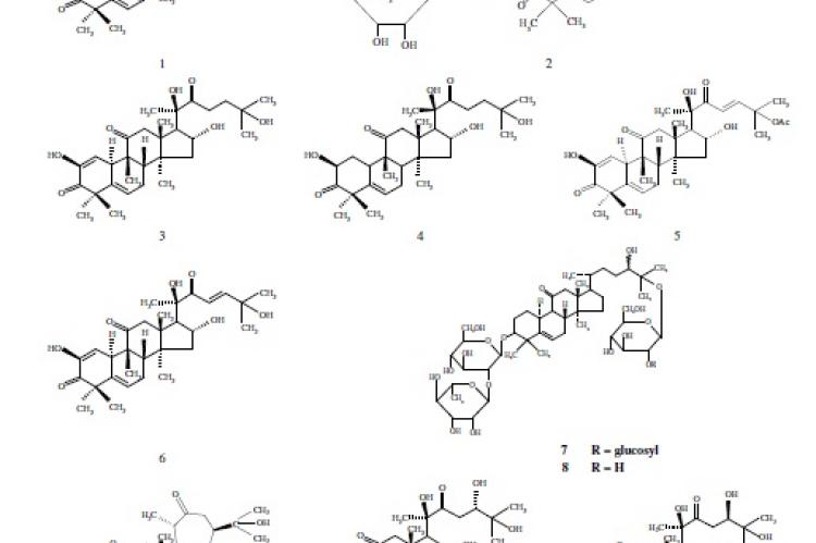 Triterpenoids cucurbitacin B [27] and I [6] (70); fatty acids (71