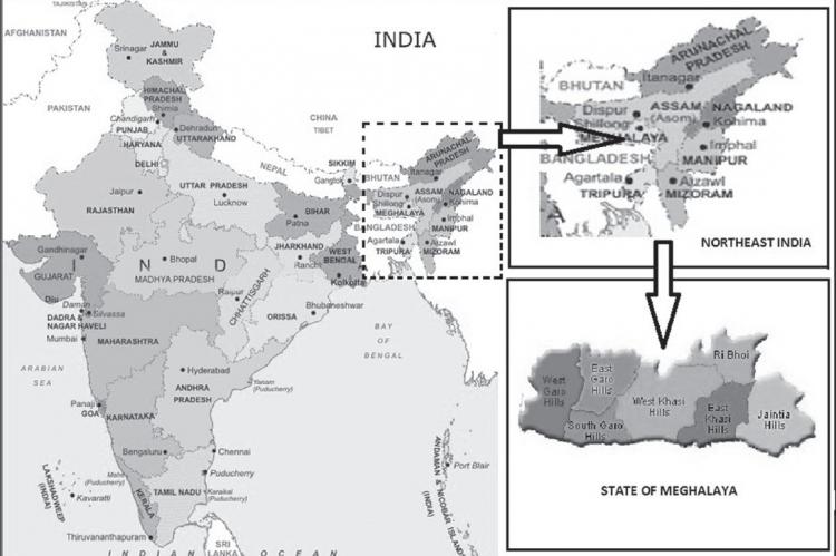 Map of India representing the state of Meghalaya with seven districts