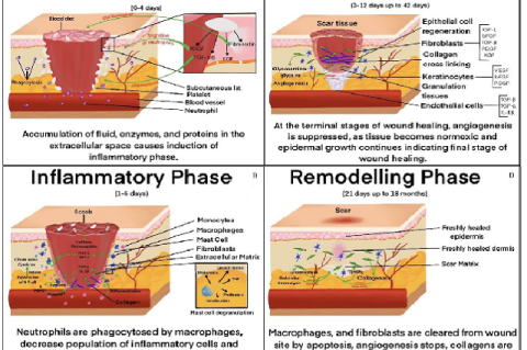 The pathogenesis of wound healing and the mechanism of various mediators involved.